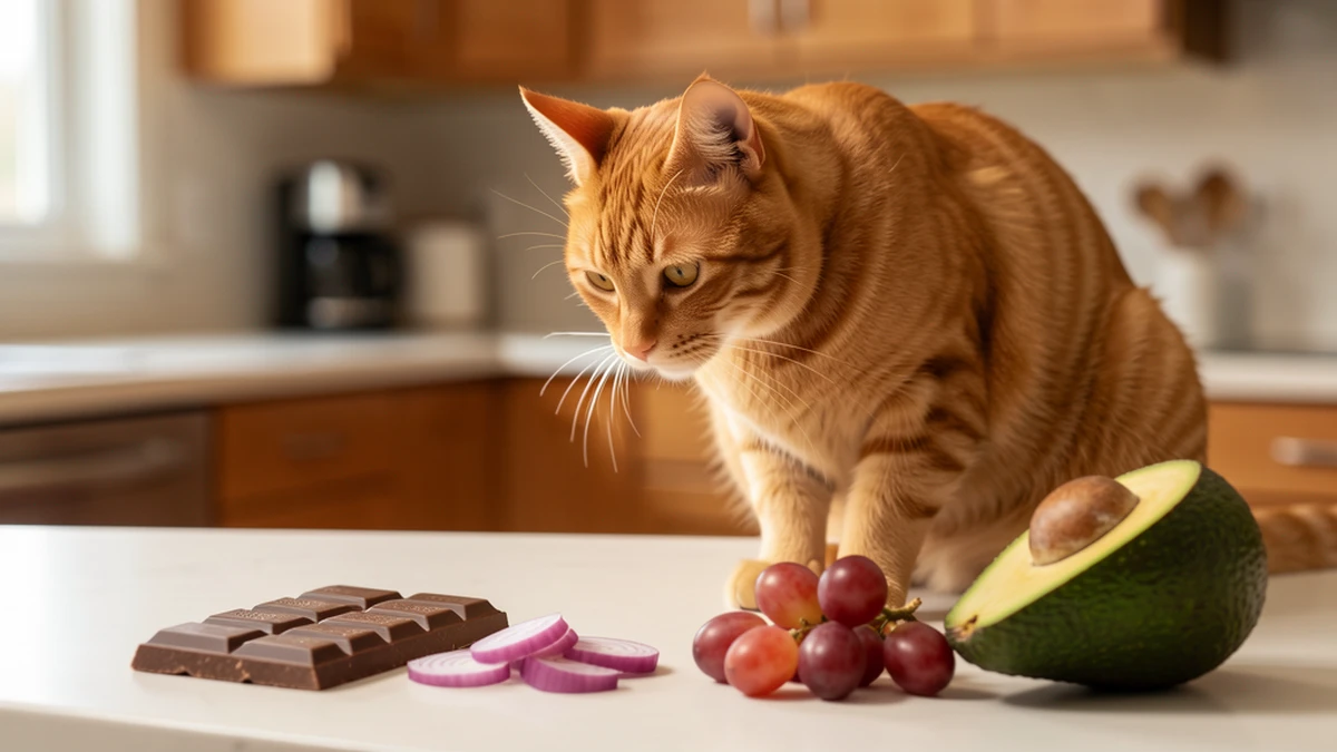 Chat curieux près d'aliments dangereux : chocolat, oignon et raisin