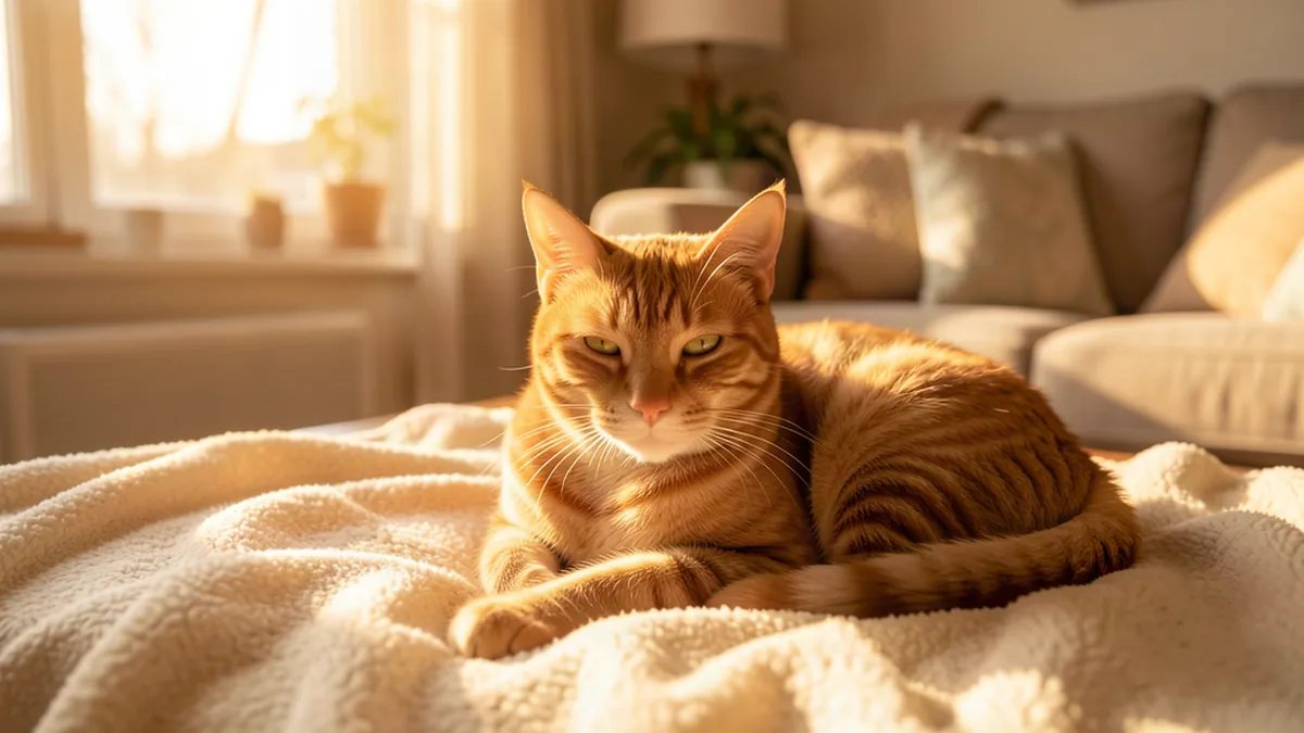 Chat tigré roux au pelage sain se reposant paisiblement dans un intérieur chaleureux, symbole de bien-être et d'espoir